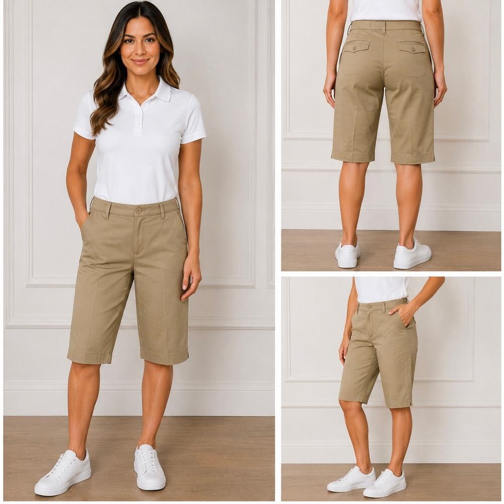 New York & Company Women's Khaki Bermuda Shorts Size 8 NWT Cotton Stretch